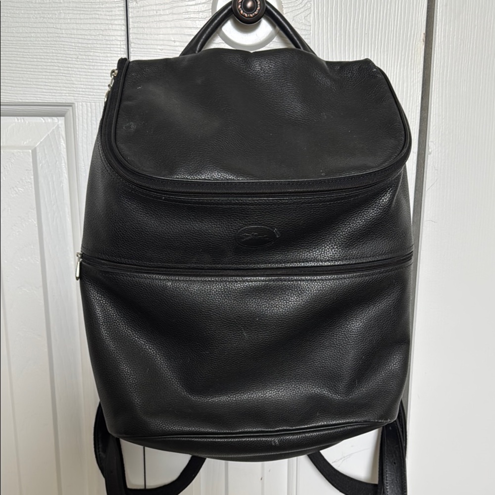 Longchamp Sleek Black All Leather Backpack with Adjustable Straps